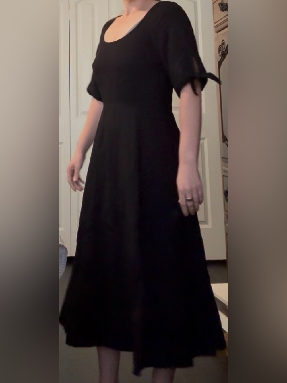 Ann Taylor Black Midi Dress with Tie Sleeves rayon and linen blend - Picture 4 of 9
